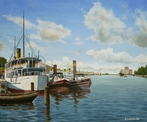 Odra Zachodnia, port ( Nabrzeże Kapitanatu) , 50 x 60 , olej