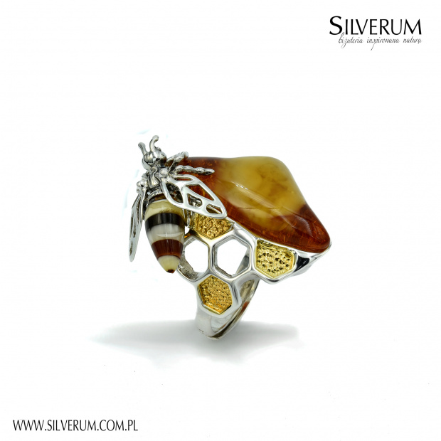 Bursztyn naturalny Oryginalny pierścionek - silverum.com.pl #pierścionek #pszczoła #plastrymiodu #oryginalny #nowoczesny #Autorskabiżuteria